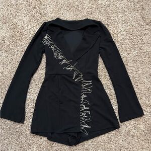 Francesca's Black Long-Sleeve Romper with Silver Bead Fringe